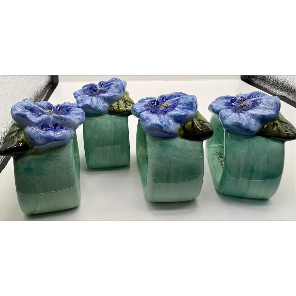 Vintage Pansy Napkin Rings By Kathy Hatch Set of 4 Ceramic/Porcelain 2003